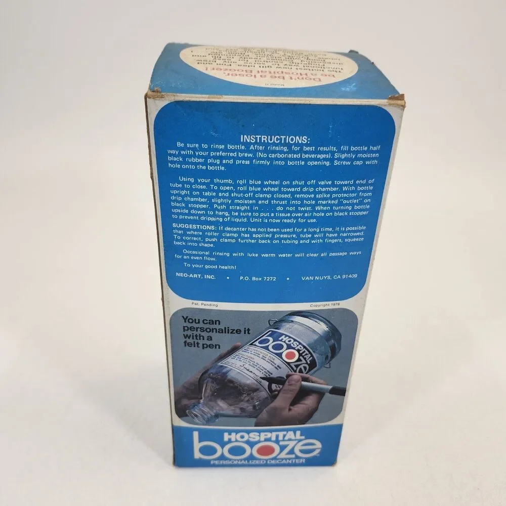 Hospital Booze Personalized Decanter Neo-Art Inc Box VTG 1970s Novelty Barware
